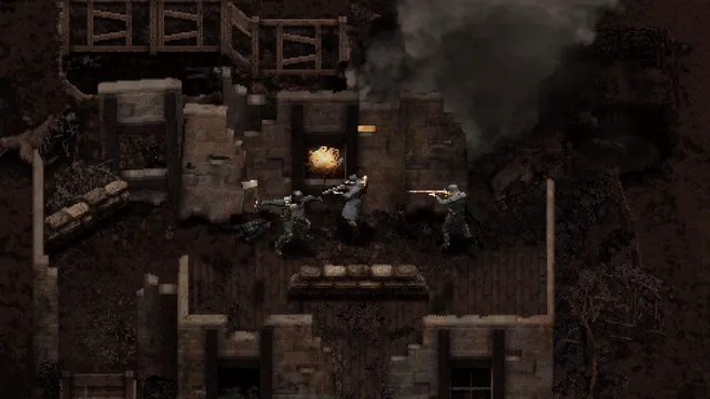 CONSCRIPT screenshot: soldiers exchange fire inside a ruined, smoking stone building