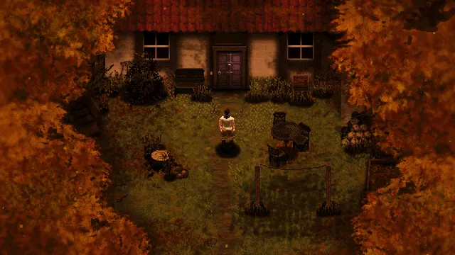 CONSCRIPT screenshot: a soldier stands in the yard of a farmhouse surrounded by orange autumn trees