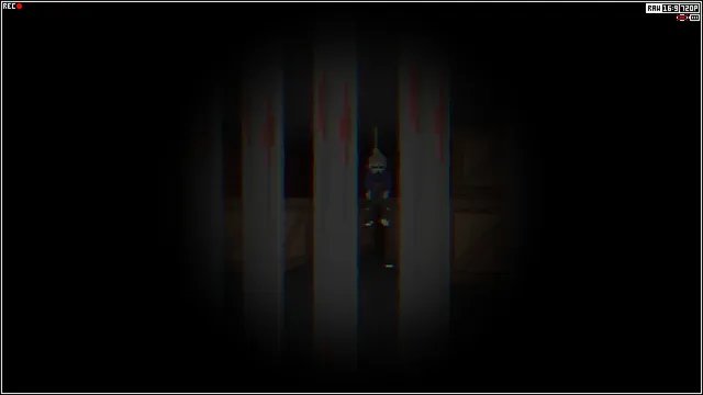 Consternation II screenshot: a hanging figure seen between bloodstained pillars in a dark storeroom