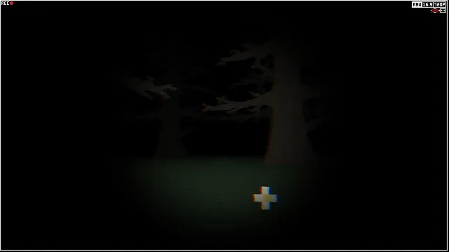 Consternation II screenshot: dark trees at night with a glowing cross-shaped object on the ground