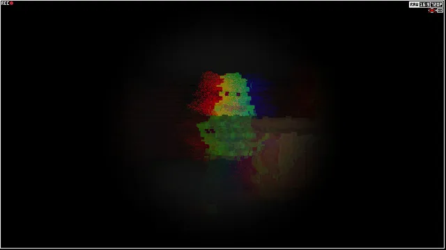 Consternation II screenshot: a glitching, multicoloured figure in the dark under a REC camera overlay