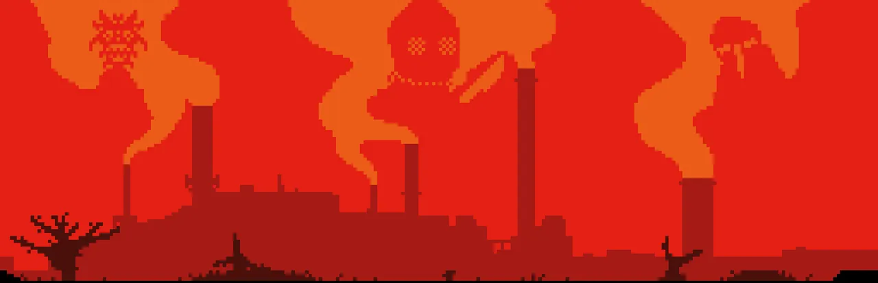 Consternation II key art: pixel-art factory chimneys in red, their smoke forming faces and a hooded figure