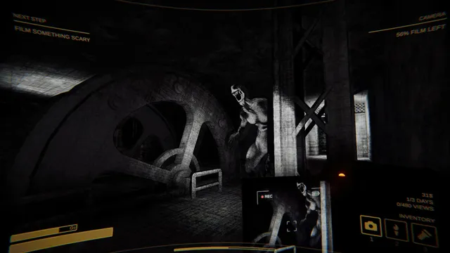 Content Warning screenshot: a pale, screaming creature crawls past a giant gear wheel in a dark ruin while the camera's screen records it