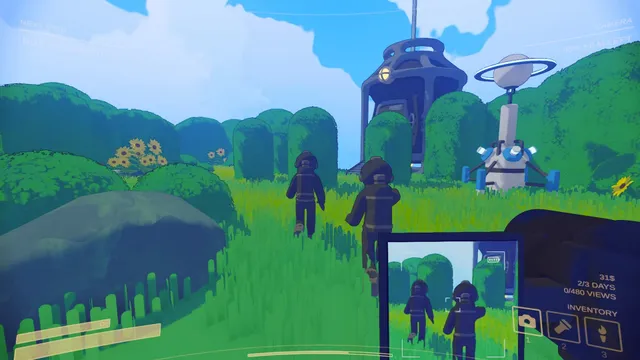 Content Warning screenshot: two crew members walk across a bright green lawn toward the diving bell tower, shown on the camera's screen