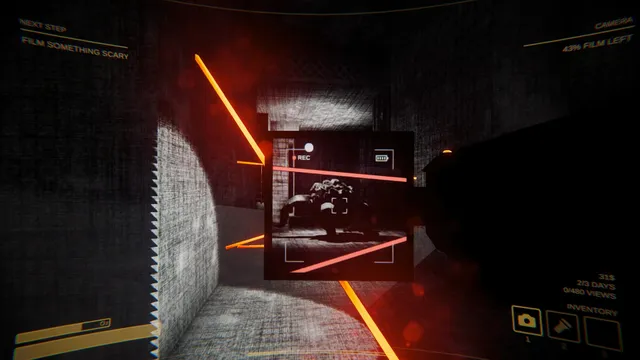 Content Warning screenshot: filming down a dark corridor crossed by orange laser beams, the camera recording a shape ahead