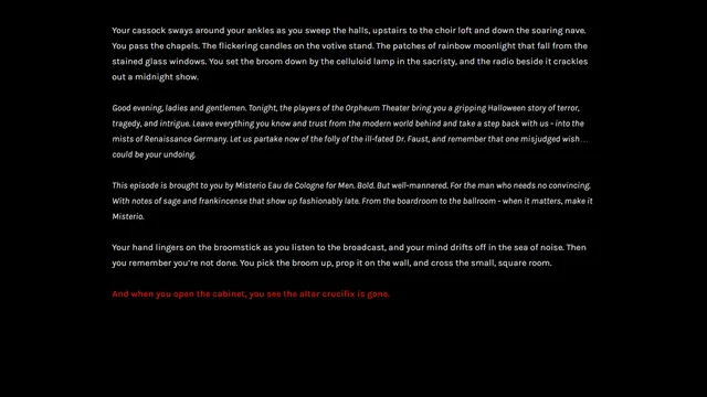 Text page: the priest sweeps the church while a radio plays a Halloween story, ending in red: the altar crucifix is gone