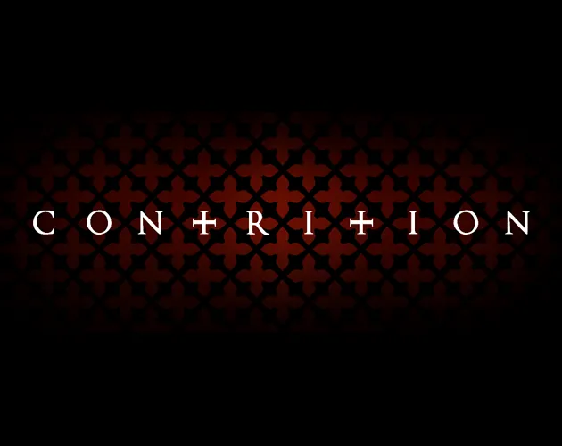 Contrition cover: the title in white capitals with crosses for the Ts over a dark red lattice of crosses