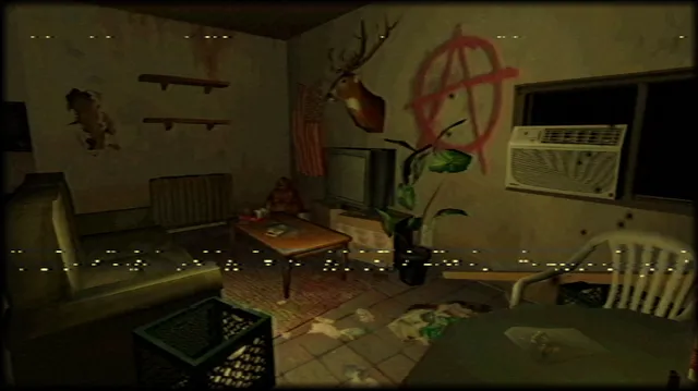 Cookies screenshot: a squalid apartment living room with a deer head, an anarchy sign sprayed on the wall and trash on the floor, under a VHS filter
