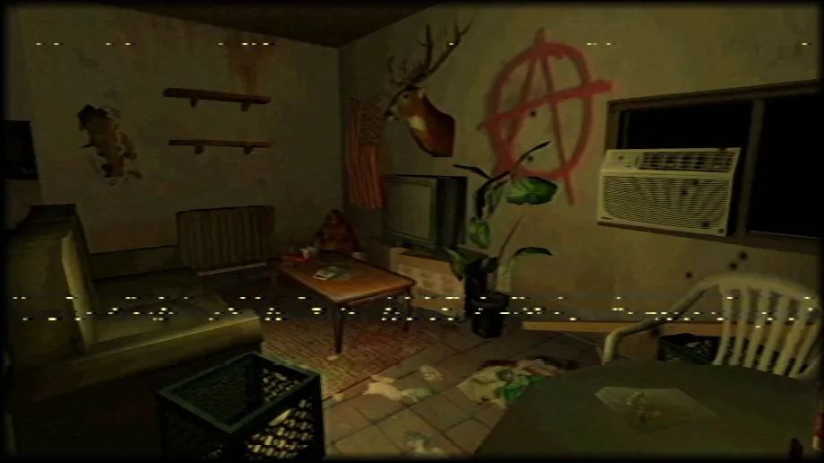 Cookies screenshot: a squalid apartment living room with a deer head, an anarchy sign sprayed on the wall and trash on the floor, under a VHS filter
