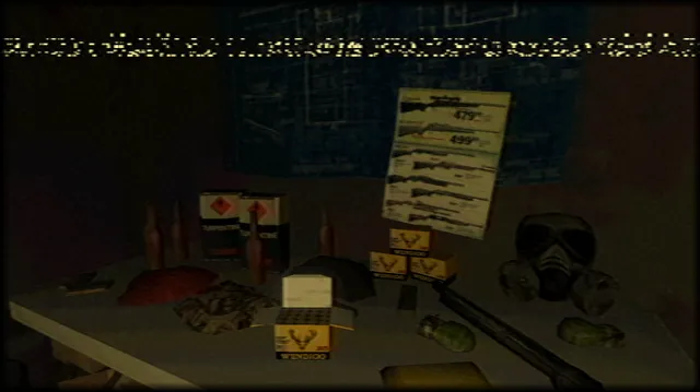 Cookies screenshot: a table of ammunition boxes, bottles and a gas mask under a poster of rifles