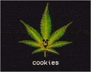 Cookies title art: a cannabis leaf with a skull at its centre above the word cookies, on a VHS-noise background