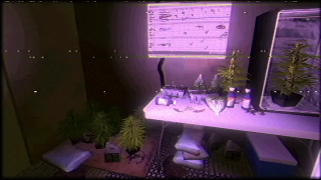 Cookies screenshot: a purple-lit room with plants growing under lamps and bottles on a table