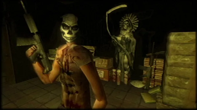 Cookies screenshot: a man in a skull mask with a bloody shirt holding a rifle beside a statue of a robed skeleton with a scythe