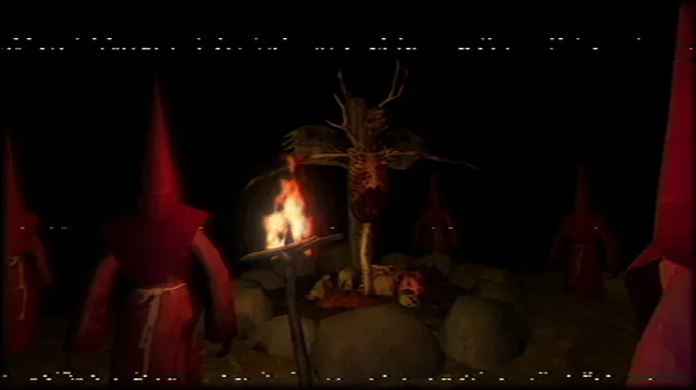 Cookies screenshot: red-hooded cultists around a fire and a tree hung with skulls at night