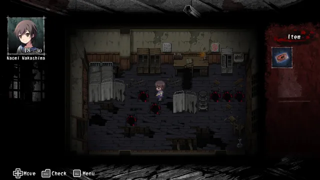 Corpse Party (2021) screenshot: Naomi in a pixel-art infirmary with dark stains on the floor, seen from above