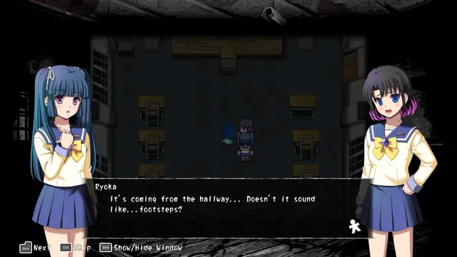 Corpse Party (2021) screenshot: two schoolgirls hear footsteps in the hallway of a dark classroom
