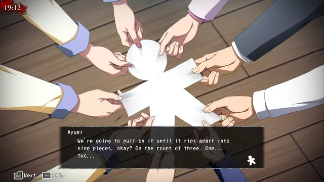 Corpse Party (2021) screenshot: many hands hold a paper doll about to be torn apart for the friendship charm