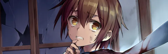 Corpse Party (2021) key art: a crying, bruised student by a broken window