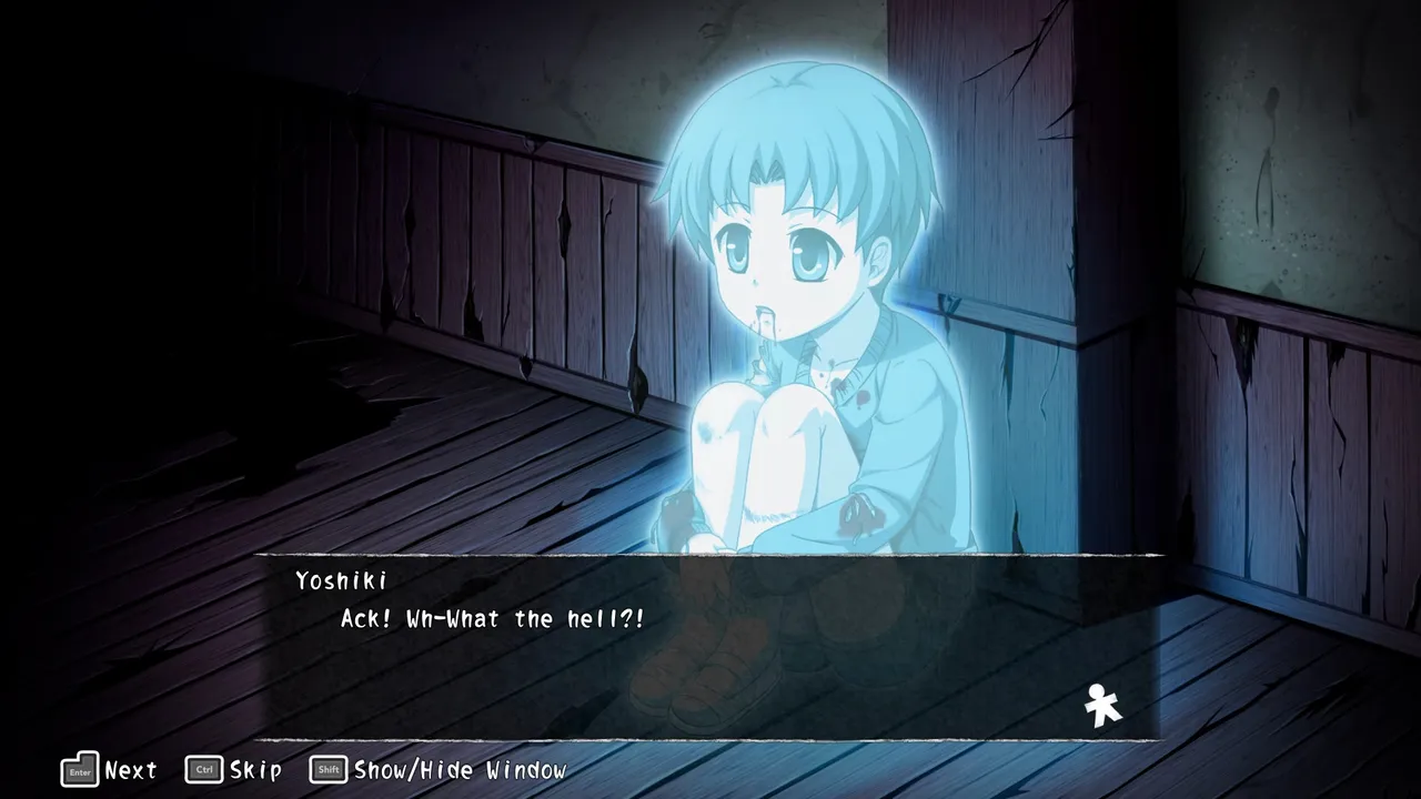 Corpse Party (2021) screenshot: the pale blue ghost of a child crouches in a rotting wooden corridor as Yoshiki cries out