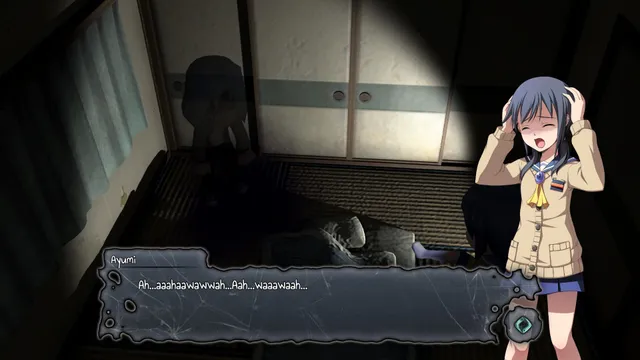 Corpse Party: Blood Drive screenshot: Ayumi clutches her head and cries in a dark tatami room where a body lies on the floor
