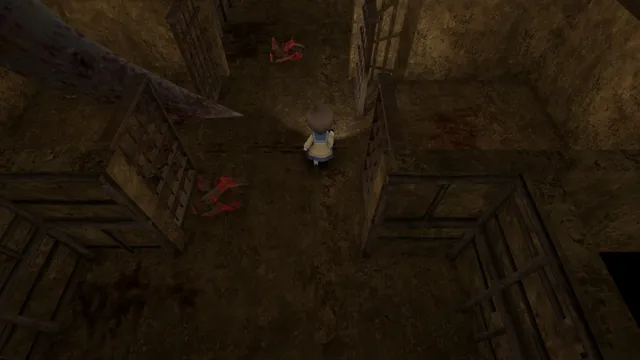 Corpse Party: Blood Drive screenshot: a student with a flashlight runs across a broken, bloody floor from a red-eyed shadow