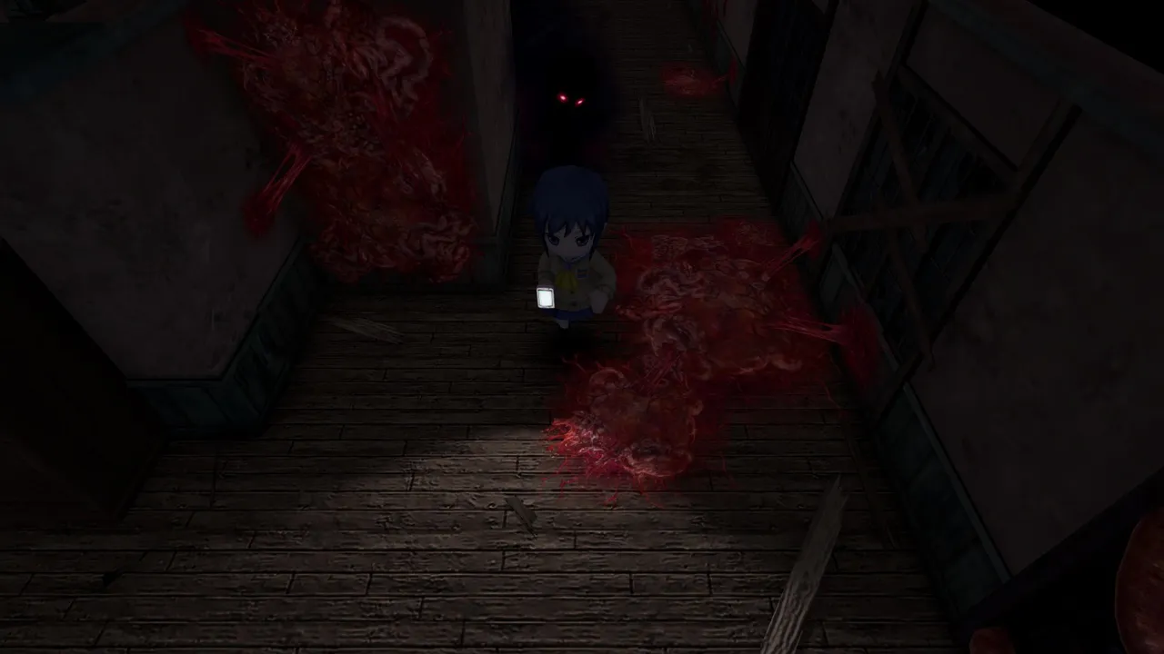 Corpse Party: Blood Drive screenshot: Ayumi holds a light in a gore-smeared school corridor as a shadow with red eyes waits behind her