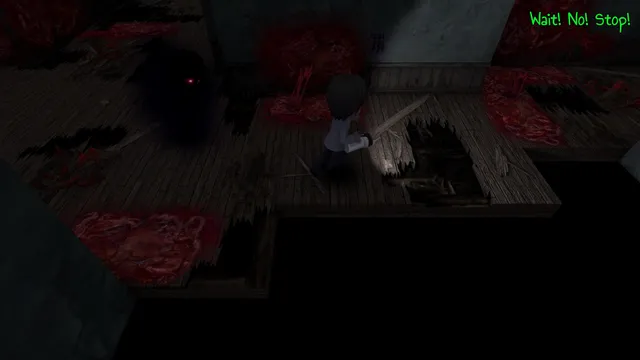 Corpse Party: Blood Drive screenshot: Ayumi and Yoshiki talk beside a collapsed floor in a dim room of Heavenly Host