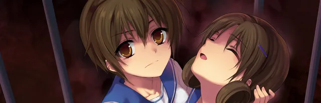 Corpse Party: Book of Shadows key art: a schoolboy in a sailor-collar uniform looks out from behind bars beside a girl with her eyes closed and head tilted back