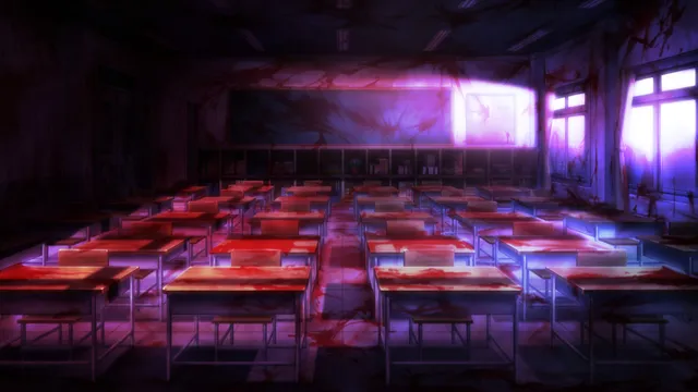 Corpse Party: Book of Shadows screenshot: a classroom of rows of desks smeared with blood under purple light