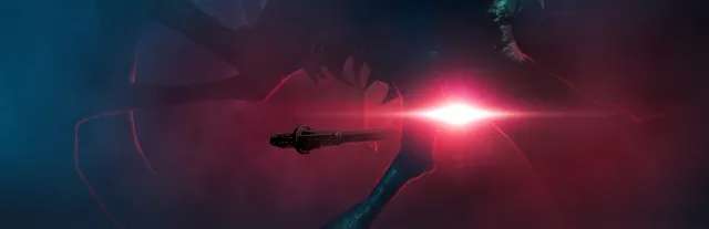 Cosmodread key art: a small spaceship drifts toward a huge red-lit creature in deep space