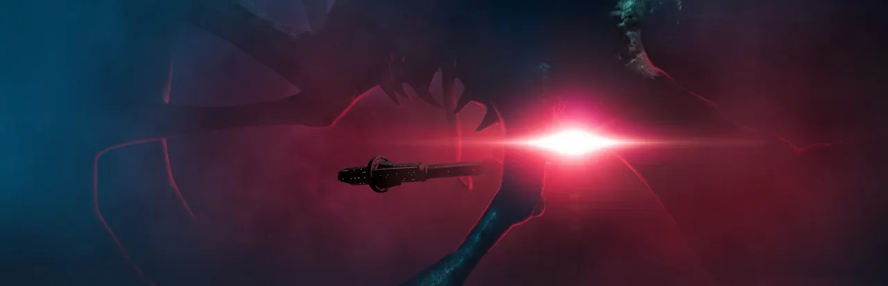 Cosmodread key art: a small spaceship drifts toward a huge red-lit creature in deep space