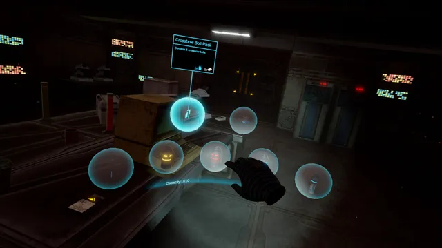 Cosmodread screenshot: the floating inventory bubbles, showing a crossbow bolt pack, in a dark ship room