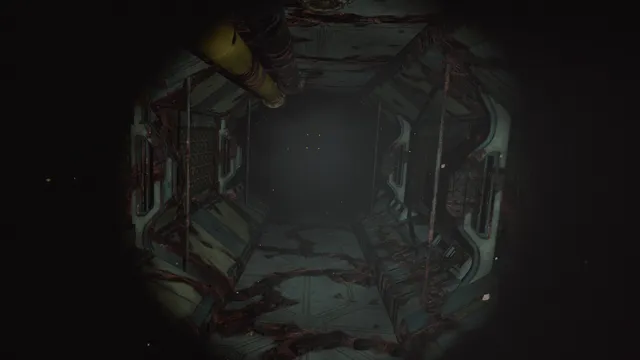 Cosmodread screenshot: a dark corridor overgrown with red organic growth, seen by a narrow light
