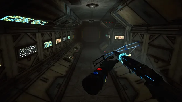 Cosmodread screenshot: holding a loaded crossbow in a long, dim spaceship corridor