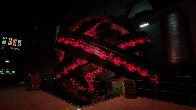 Cosmodread screenshot: a sphere wrapped in glowing red organic bands sits in a ship's engine room