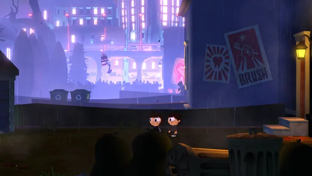 Two small children stand in a rainy back alley below a neon future city with Brush propaganda posters