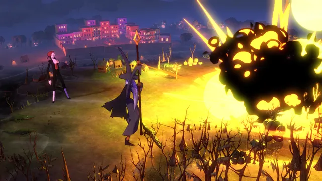 A battle at night: a tall scarecrow-like warrior with a staff faces a fiery explosion in front of a lit-up town