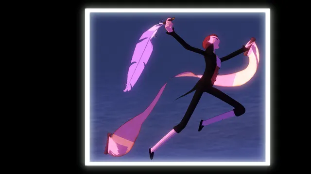 A glowing card shows a thin figure in black leaping with a giant feather
