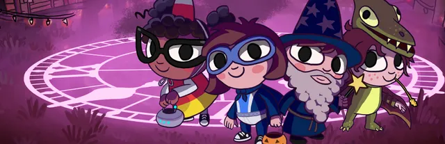 Costume Quest 2 art: four cartoon kids in costumes, a girl with glasses, a boy in goggles, a wizard and a dinosaur, standing on a glowing clock circle