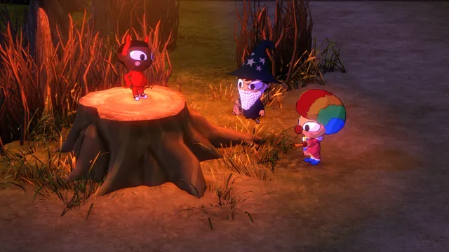 Children dressed as a wizard and a clown approach a small red devil figure on a glowing tree stump at night