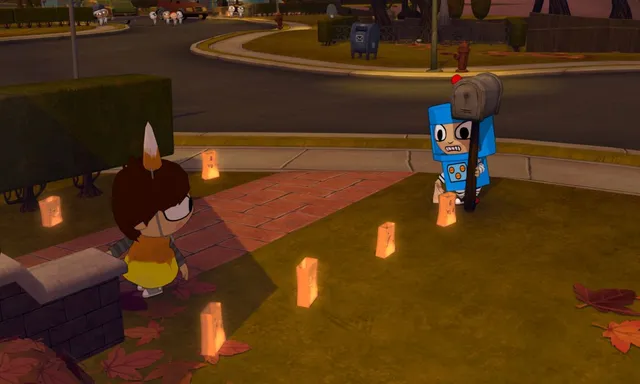 A child in a candy-corn costume meets a boy in a cardboard robot costume on a lawn lined with glowing paper lanterns