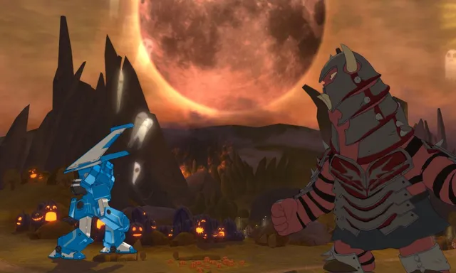 A battle under a huge red moon: a giant blue robot faces a horned, armoured monster among jack-o'-lanterns and floating ghosts