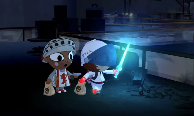 Two trick-or-treaters with candy bags, a knight and an astronaut with a glowing wand, in a dark warehouse