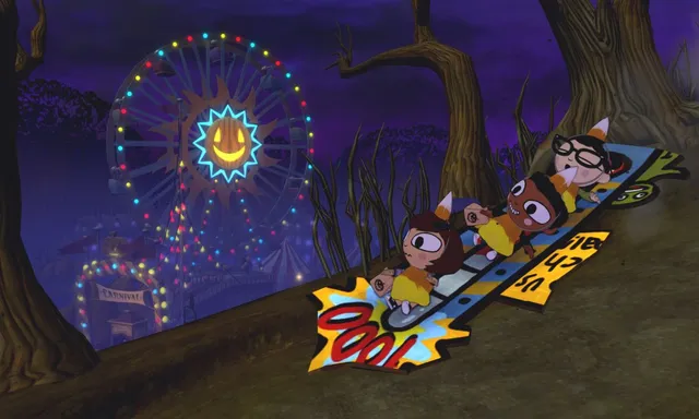 Three children in candy-corn costumes slide down a hill on a board, a lit Ferris wheel with a jack-o'-lantern face behind them