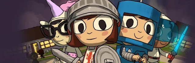 Costume Quest art: cartoon children in homemade knight, robot, unicorn and space costumes stand together on a suburban street at dusk