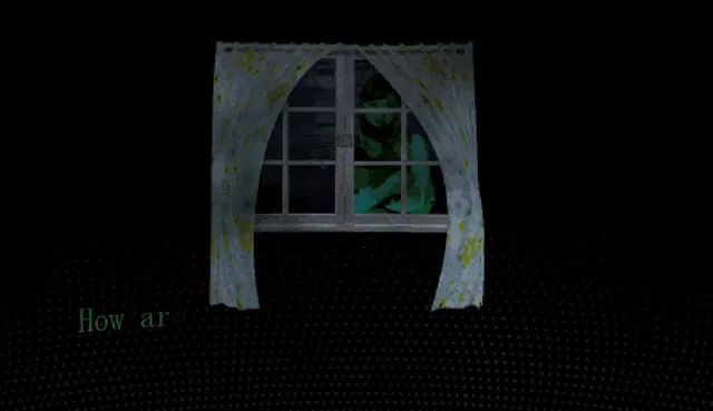 Counting Sheep animated screenshot: a curtained window at night with a pale figure behind the glass and the words How ar