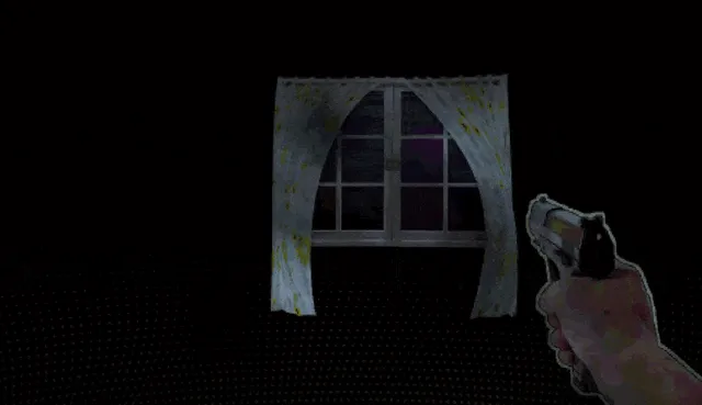 Counting Sheep animated screenshot: a hand holding a pistol beside a curtained window in the dark