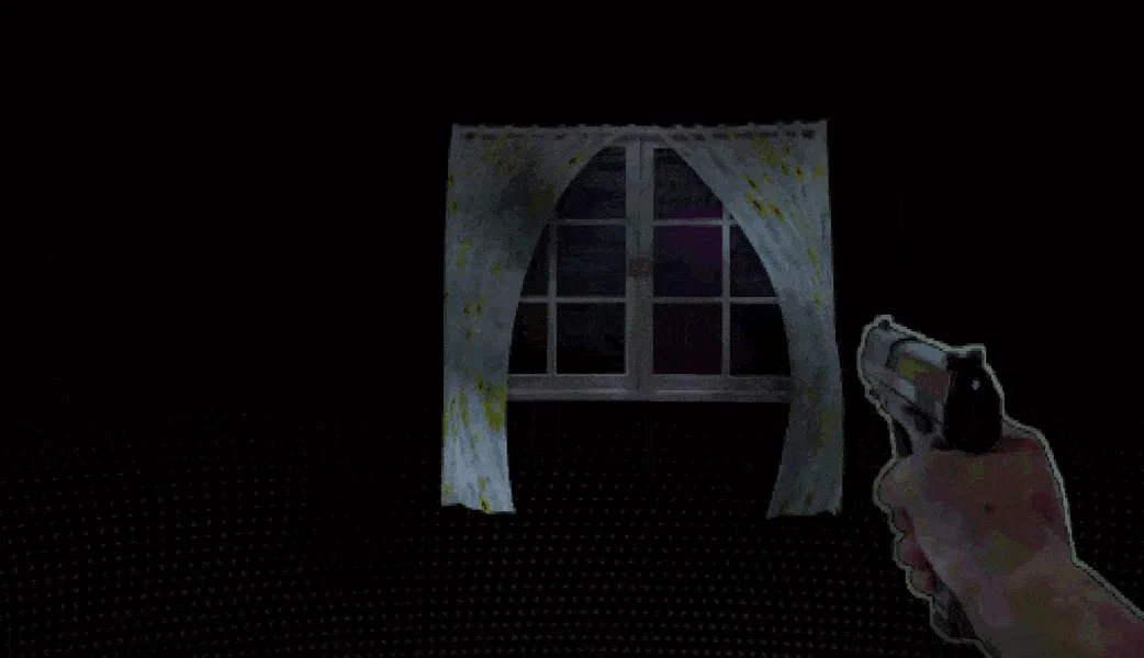 Counting Sheep animated screenshot: a hand holding a pistol beside a curtained window in the dark