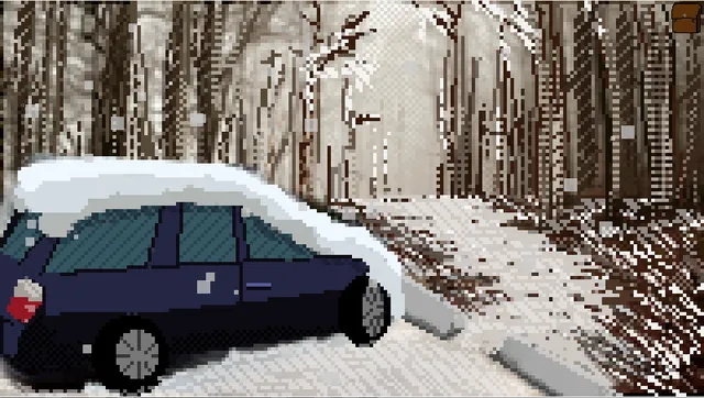 Cozy screenshot: a dark blue hatchback half buried in snow on a forest road