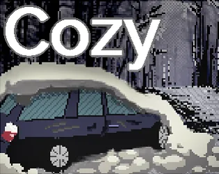 Cozy title art: the word Cozy over a snow-covered car in a dark forest